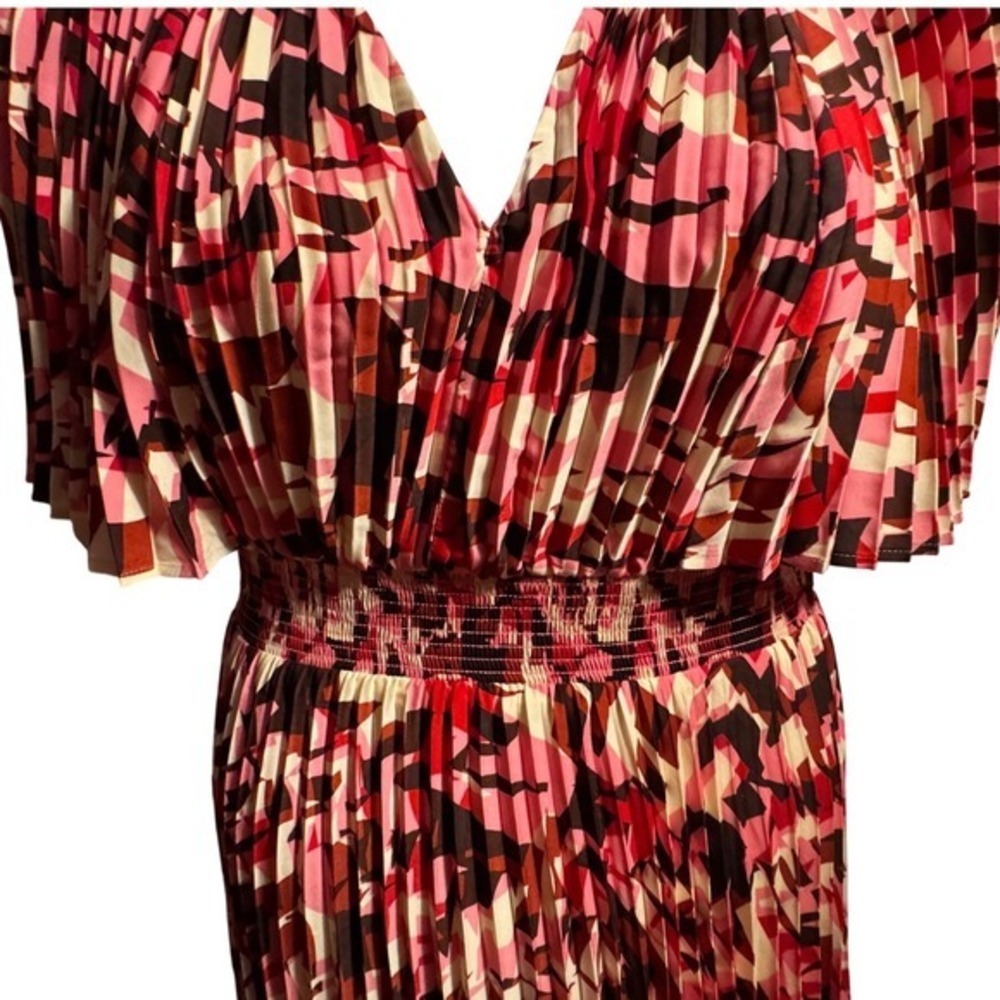 Preppy Academia Pleated A-line Midi Dress Smocked Maximalist Flutter Sleeve - Picture 4 of 15